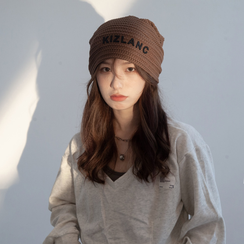 薄款针织帽子女字母秋冬月子帽显脸小百搭毛线帽冷帽包头堆堆帽潮