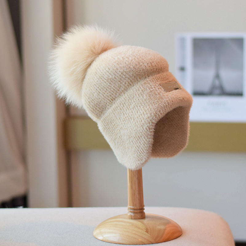 狐狸毛球帽子女青年护耳仿水貂绒毛线针织帽女秋冬加厚保暖月子帽