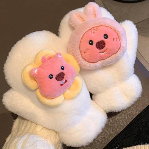 可爱小海狸毛绒手套女冬季卡通连指全包学生骑车保暖加绒加厚防寒