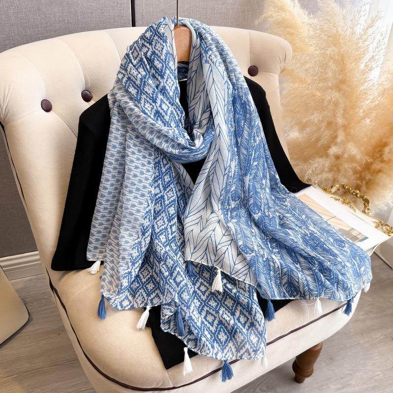 跨境新款彩色印花流苏棉麻围巾波西米亚文艺复古装饰防晒遮阳披肩