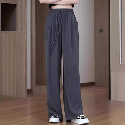 冰丝皱阔腿裤女夏季款宽松显瘦薄款垂感拖地防晒慵懒风休闲裤