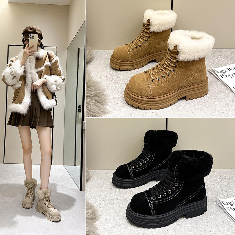 翻毛皮东北大棉鞋高帮加绒雪地靴女2024冬季新款加厚马丁靴厚底潮