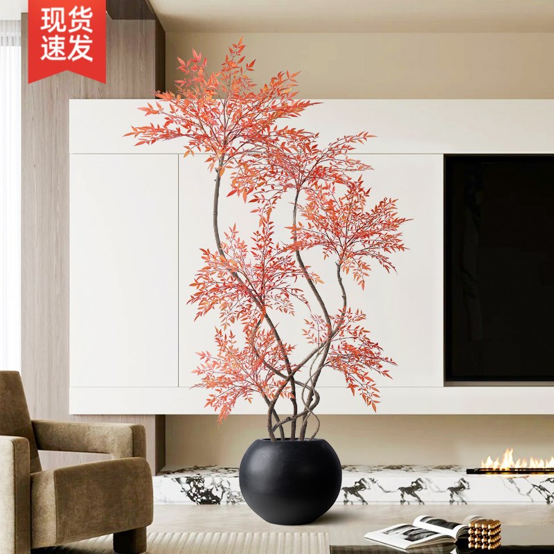 仿真绿植南天g竹红色高端轻奢大型客厅落地摆件龙血树仿生盆栽假