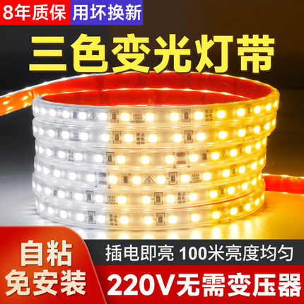 灯带led灯条三色变光家用客厅吊顶超亮220V户外防水变色软灯带条