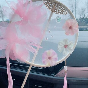 儿童汉服覆古团扇景区手工diy扇子古风团扇20厘米框精致绢花纱花