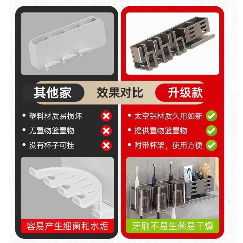 牙刷置物架免打孔太空铝卫生间漱口杯刷牙杯壁挂式电动牙刷收纳架