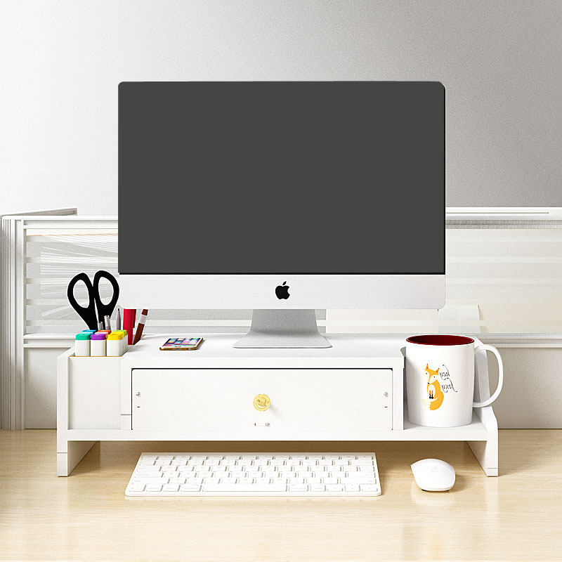 电脑萤幕增高架办公室工位桌上带抽屉双层白色收纳层架台式垫高支