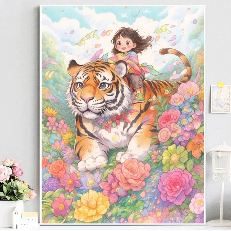 新款客厅十字绣h骑虎女孩卡通卧室挂画简单可爱手工自己刺绣装饰图片