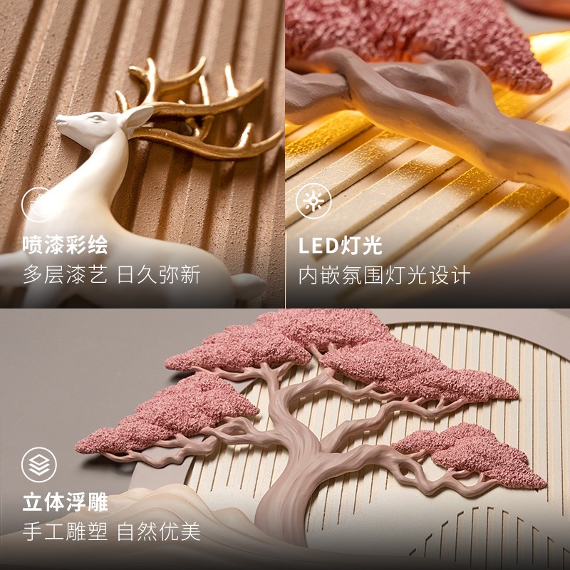 新中式客厅沙f发背景墙装饰画福禄鹿创意大气餐厅卧室浮雕灯光壁图片