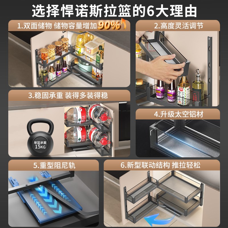 悍高厨房地柜联动拉篮开门式调味篮收纳置物架怪S物零食柜橱柜拉