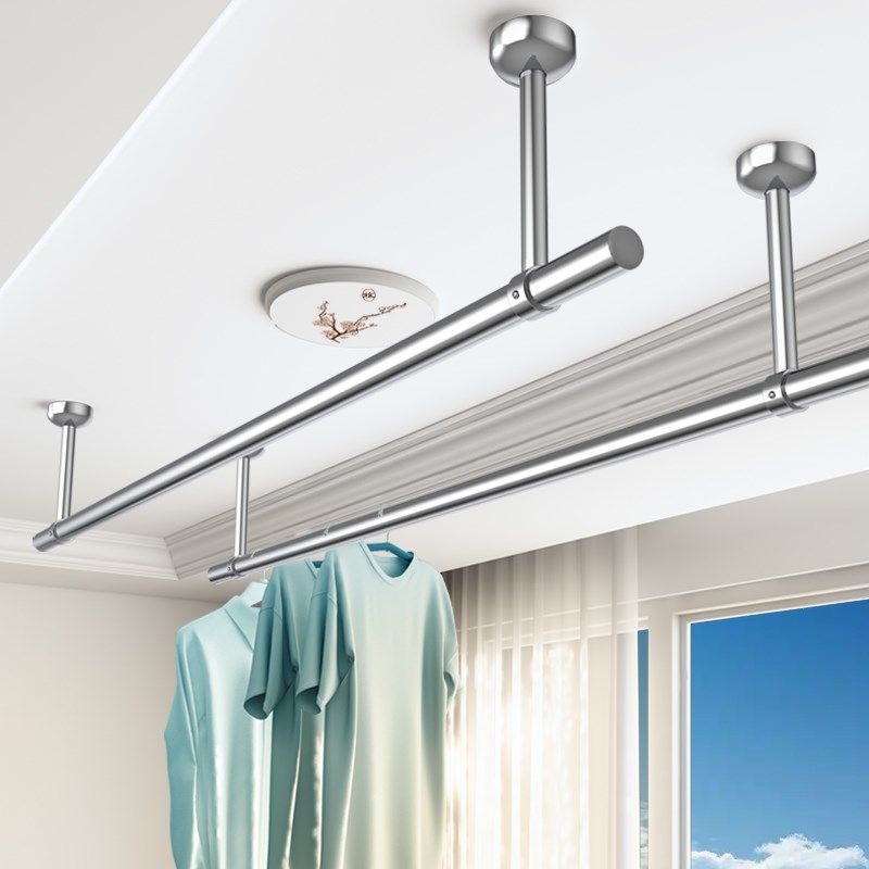 不锈钢晾衣杆阳台顶装固定式晾衣架晒衣吊杆一根杆凉衣捍打孔单杆