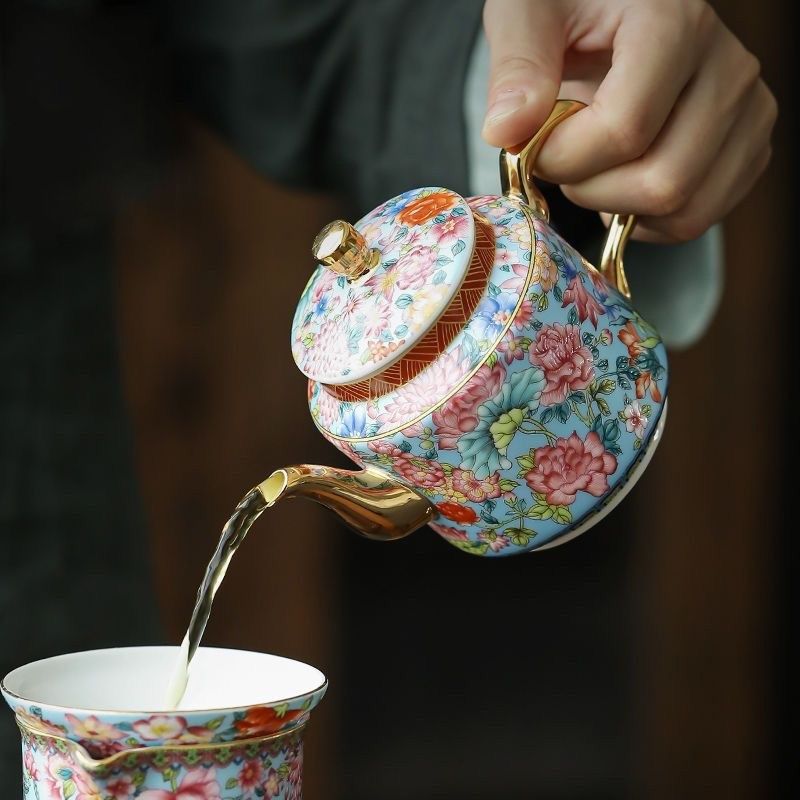 粉彩金底万花带手柄泡茶壶托盘描金珐琅彩陶瓷茶壶茶具功夫茶具,餐饮具,茶壶,淘宝优惠券,粉丝福利购,淘宝优惠卷