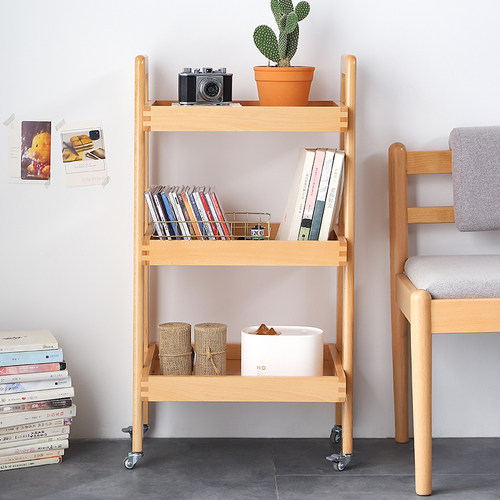 实木置物架带轮小推车简约现代家用阳台花架厨房可移动收纳架多层