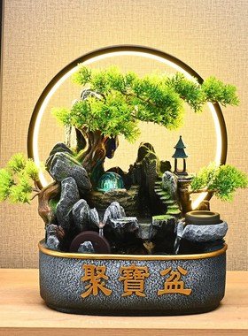新中式桌面假山流水摆件招u财风水轮办公室造景装饰循环水喷泉开