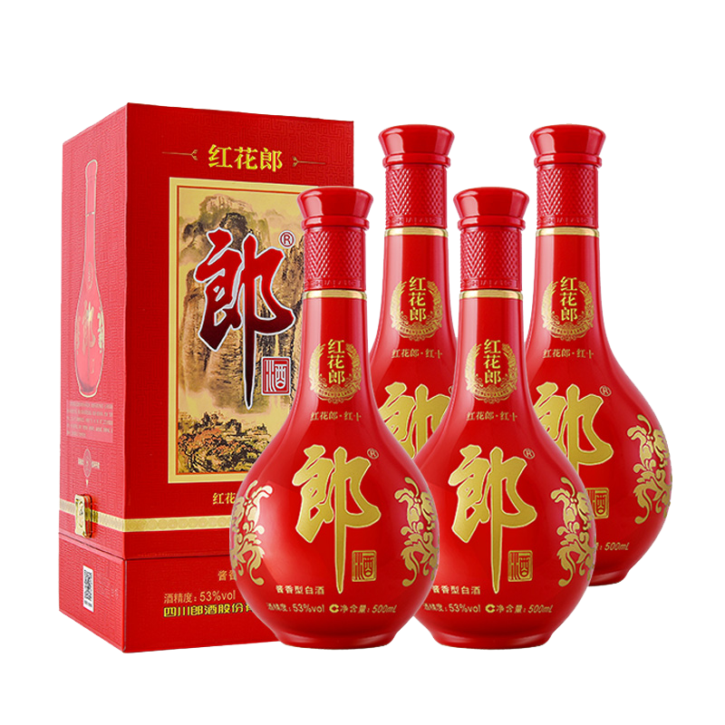 郎酒 红花郎红十 第四代 53度 酱香型白酒 500ml*4瓶 礼送佳选