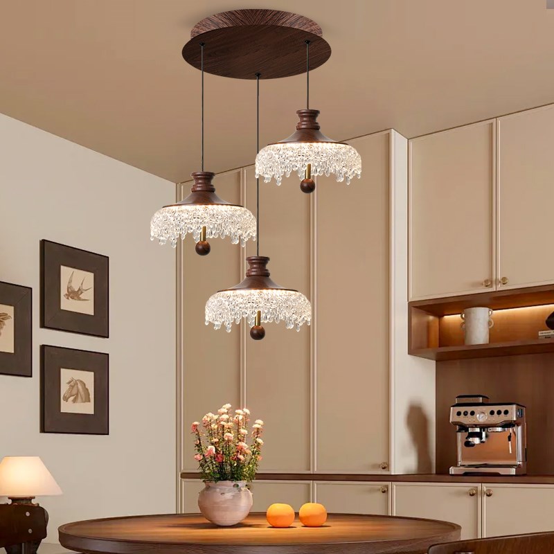 中古风水滴e走廊过道吸顶灯复古胡桃木色仿水晶高级感玄关阳台灯