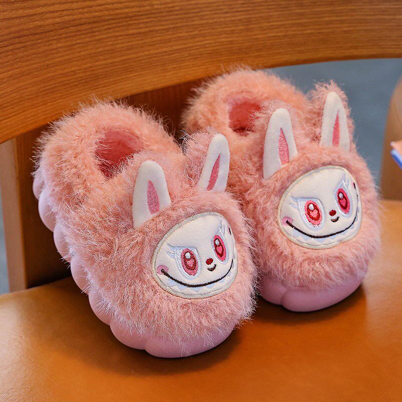 拉布布亲子棉拖鞋女童冬季可爱卡通包跟厚底防滑家居加绒保暖棉拖