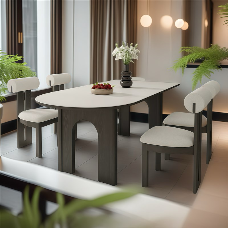 法式奶油复古风哑光岩板餐桌x家用小户型半椭圆岛台靠墙实木吃饭