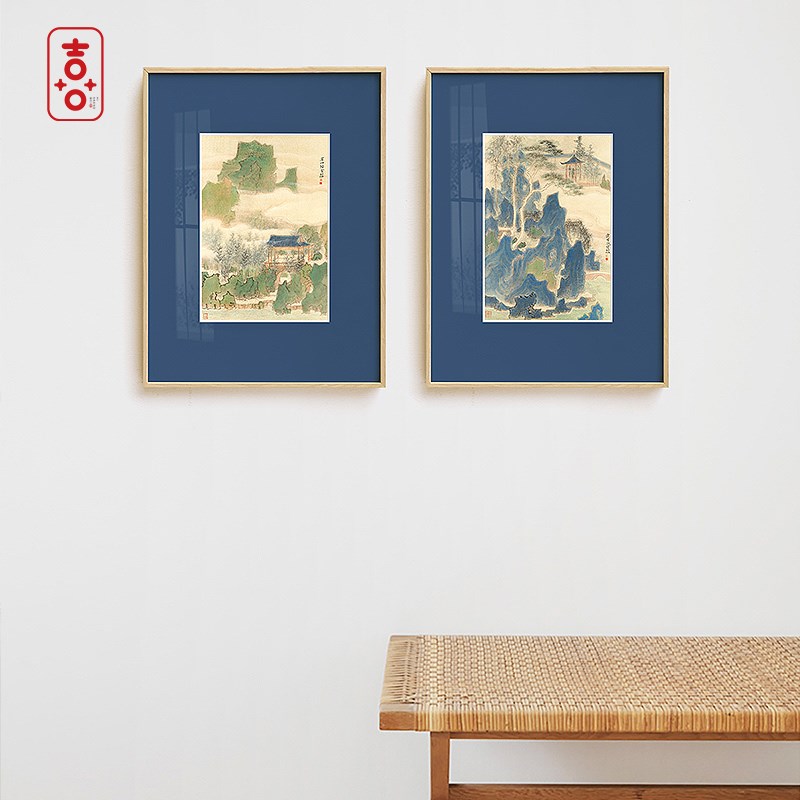 新中式山水艺术小画现代茶室y书房装饰画日式蓝色卡纸壁画王素柳图片