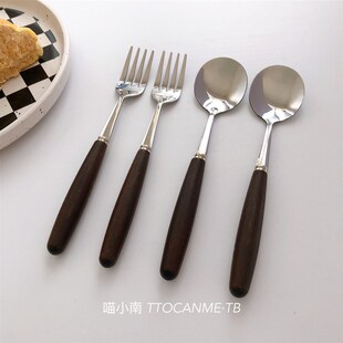 ins风复古木柄意面叉勺西餐勺高级不锈钢日韩胡桃色做旧沙拉甜品