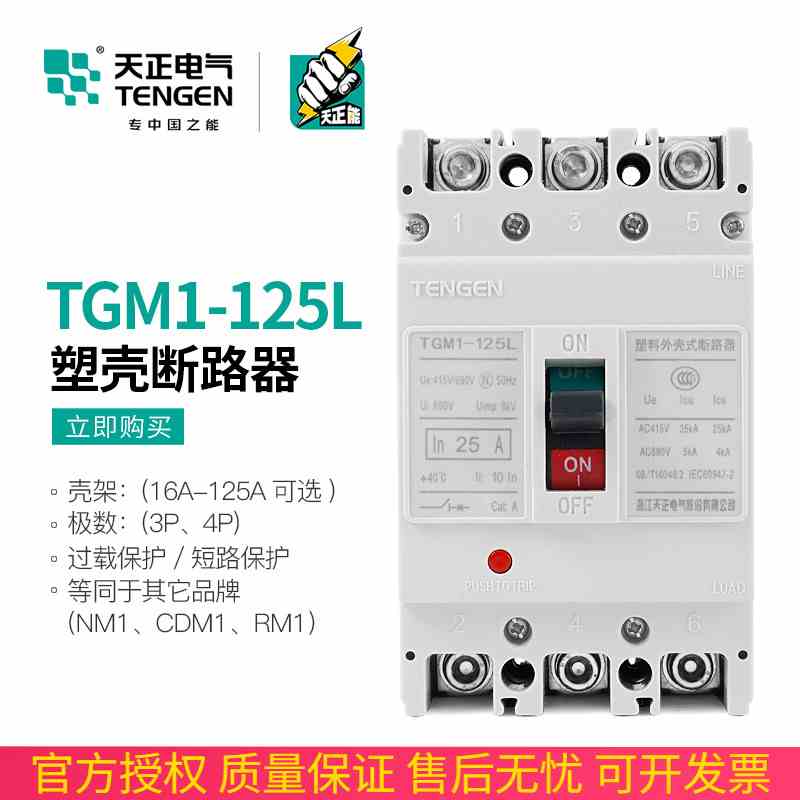 天正电气TGM1-125L/3300塑壳断路器3P三相4P空气开关80A100A125A