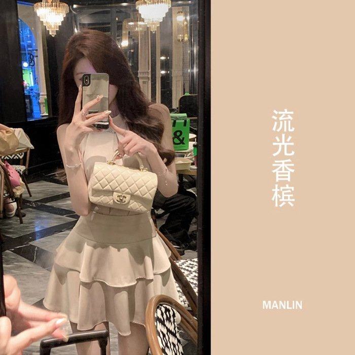 无袖挂脖背心上衣女夏季小个子套装荷叶边蛋糕半身短裙气质两件套