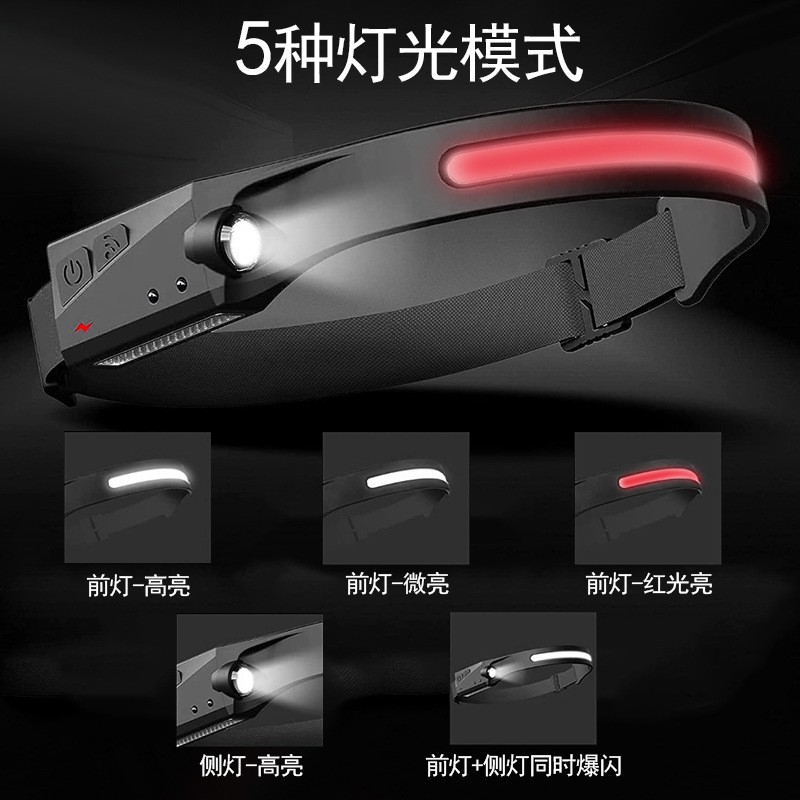 新款挥手感应COB硅胶头灯 LED硅胶便携式红光夜跑小头灯户外头灯