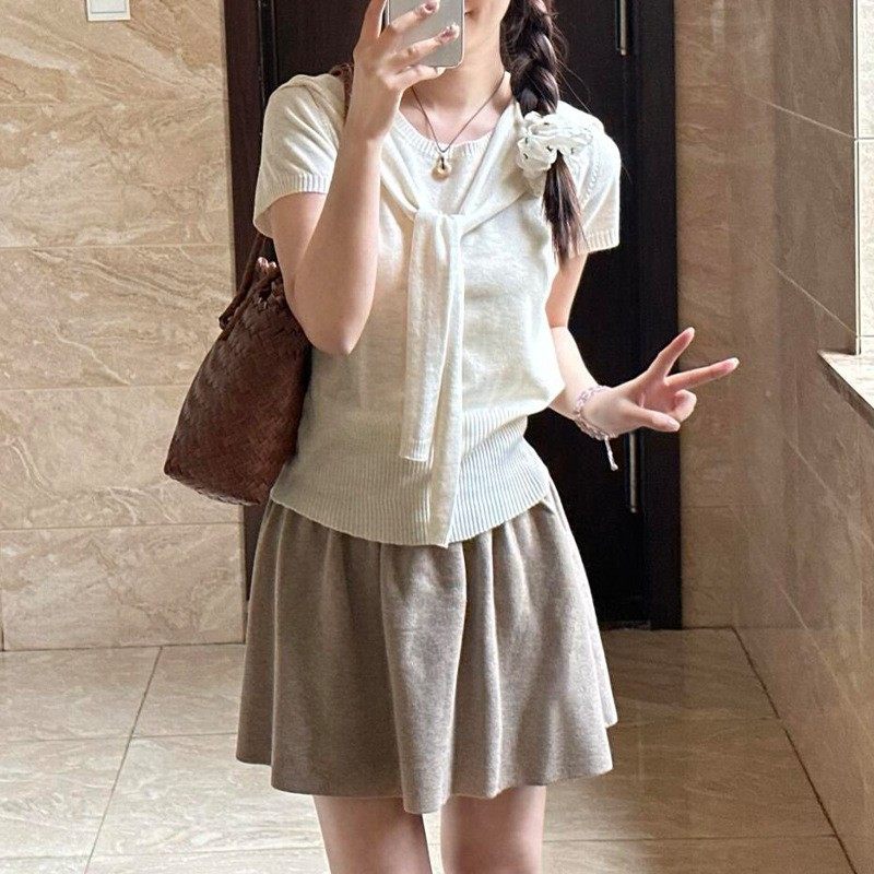芊语 甜美温柔风套装披肩短袖T恤女夏季高腰a字半身短裙气质上衣