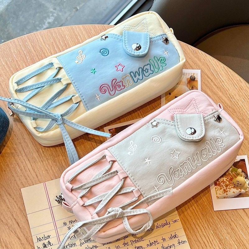 ins风高颜值大容量帆布笔袋多巴胺撞色抽绳痛包高颜值少女风星星牛仔文具收纳袋2025新款超火学霸初中生小众