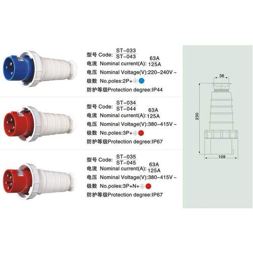 大电流工业防水插头 STE ST-033 043 034 044 035 045 63A 125A
