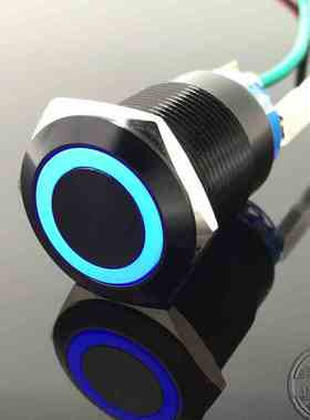 19MM带环形灯黑色金属按钮开关汽车电源自锁防水开关12v24v220v6v