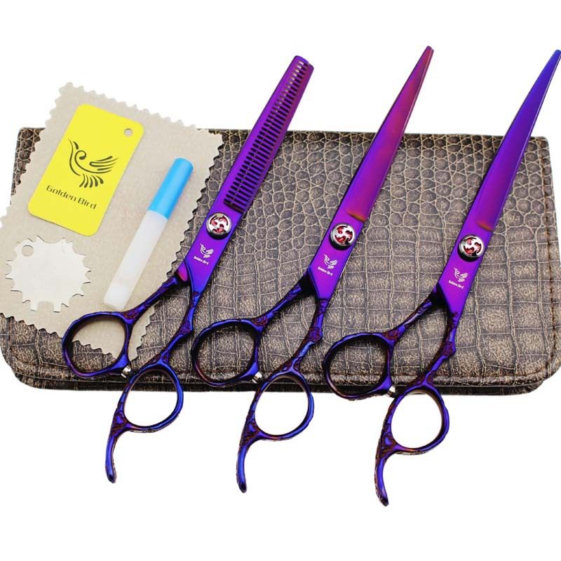 7.0寸彩色梅花柄金翎鸟 宠物剪刀修毛剪直剪牙剪弯剪三把装送排梳