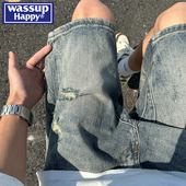 新款 男夏季 美式 复古裤 wassup 子宽松五分裤 happy破洞休闲牛仔短裤