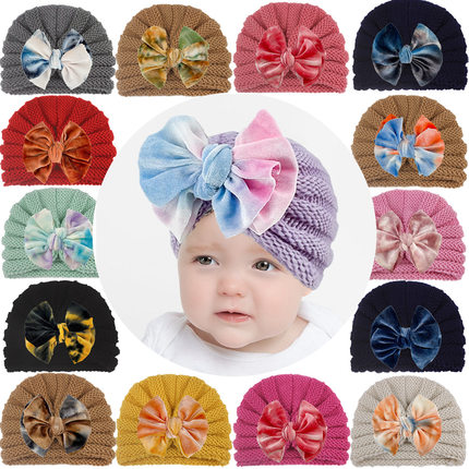 婴儿针织帽 儿童毛线帽 保暖金丝绒蝴蝶结帽 宝宝帽子