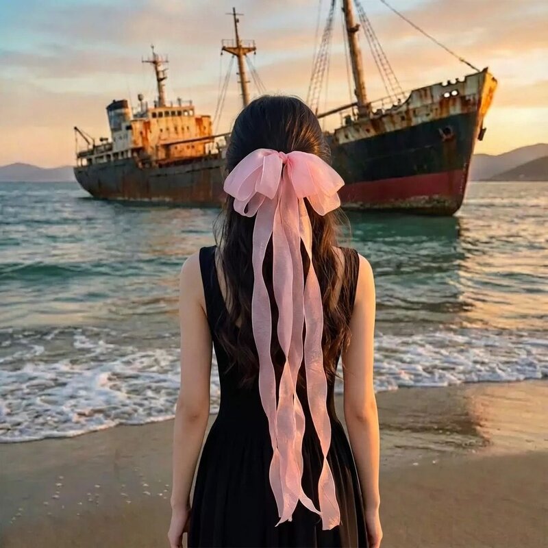 超长飘带蝴蝶结弹簧夹女生后脑勺优雅蓬松造型出游拍照仙气发夹
