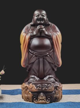 黑檀实木白皮弥勒佛红木家居客厅创意工艺摆设品八方聚财木雕