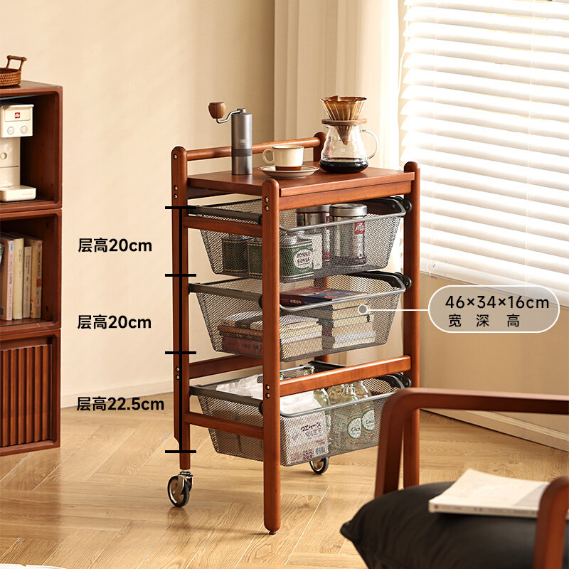 【小万家具】小推车置物架沙发边几实木带轮可移动茶几黄杨木餐