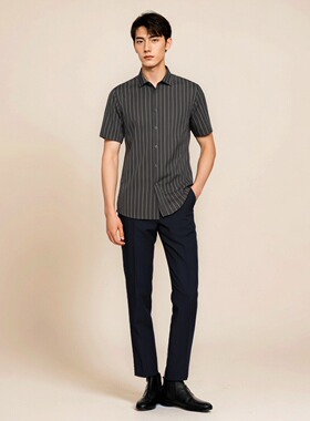 早稻田WASEDA男士条纹全无痕短袖衬衫夏季透气男装商务休闲14078