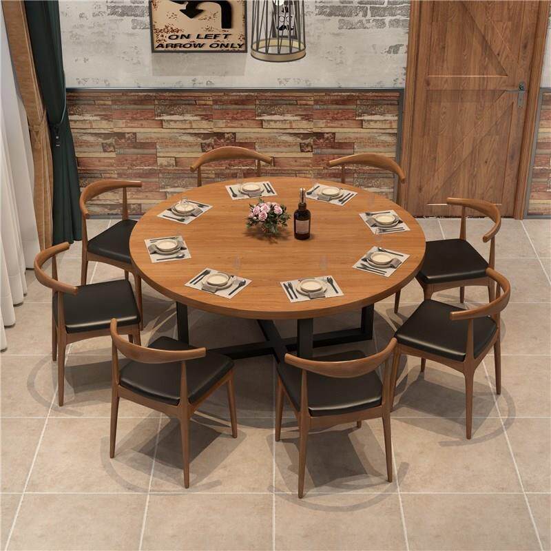 2I复古美式铁艺实木饭店桌椅组合家用餐厅圆形餐桌包厢酒店大圆桌