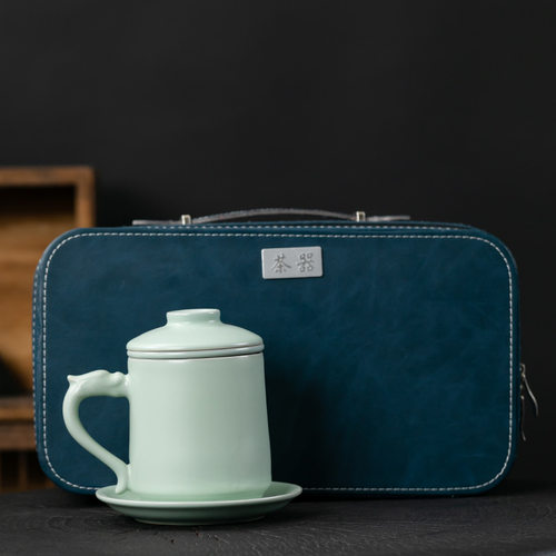 李斌汝窑开片办公杯陶瓷茶杯带盖茶水分离杯个人专用泡茶杯茶具套