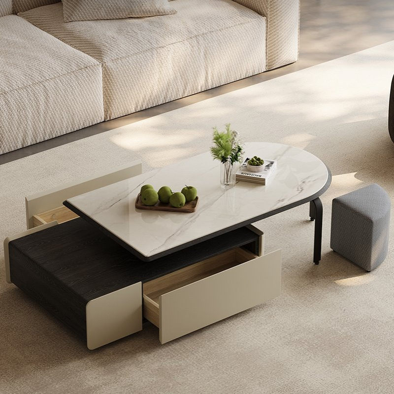 意式极简大容量储物客厅小户型小凳子伸缩茶几大理石镂空功能茶几