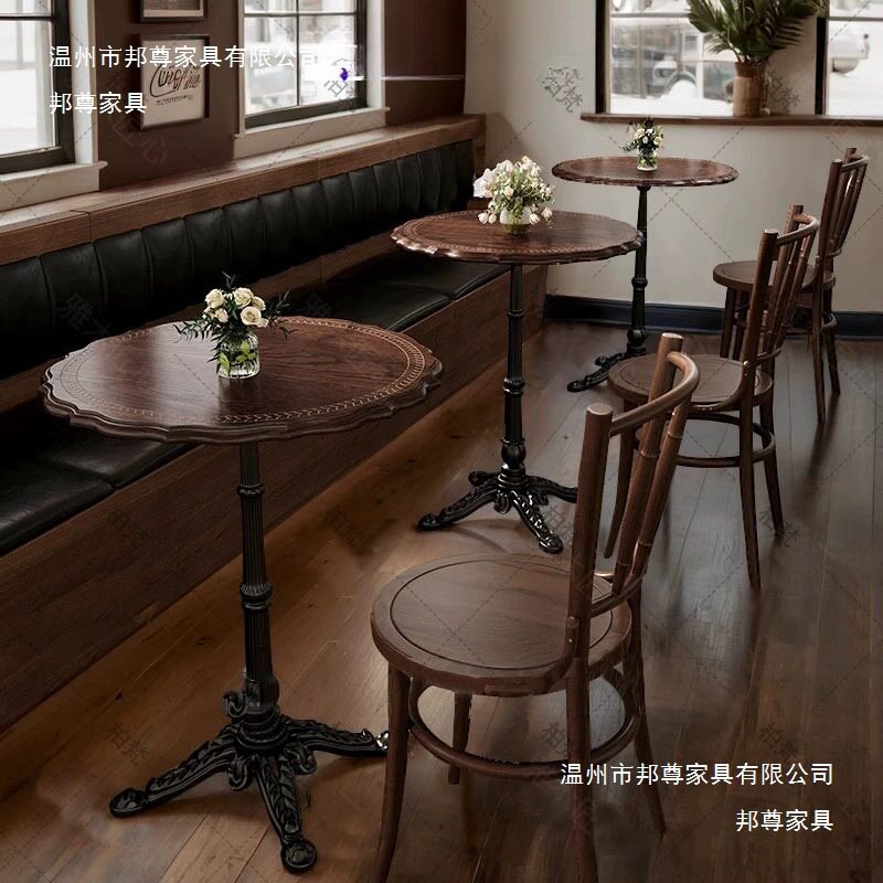 折叠咖啡店桌椅组合美式小圆桌中古风烘焙甜品店餐饮商用可叠加款