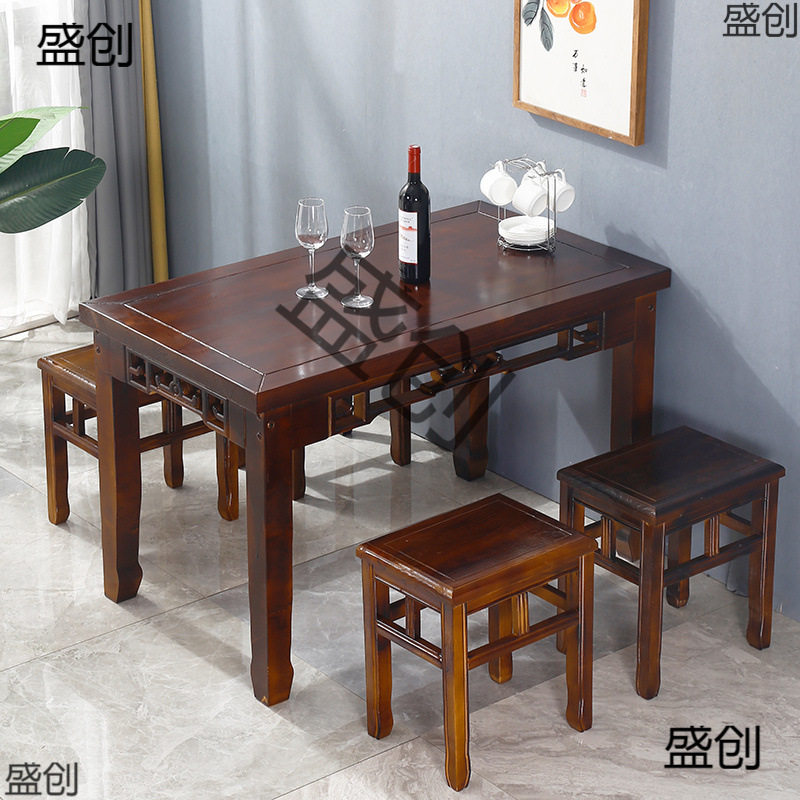 7W实木餐桌椅组合面馆早餐农家乐碳化仿古花饭店酒店快餐长条桌