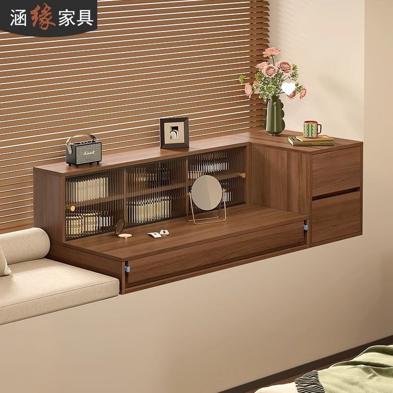中古风新款飘窗书桌可伸缩梳妆台收纳柜一体飘窗柜储物柜