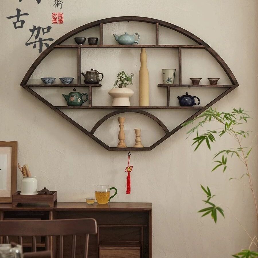2025新款实木扇形博古架家用茶具架玄关办公室展示架壁挂式置物架
