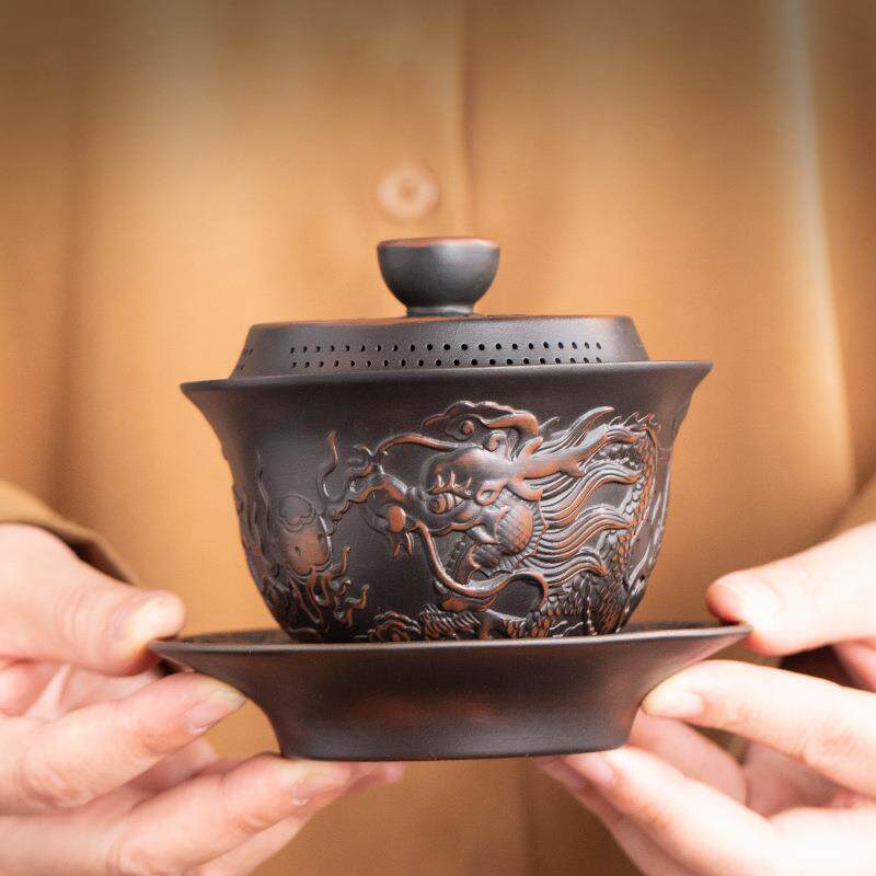 张宝玲大师手作高档紫陶三才盖碗茶杯家用泡茶具大号不烫手茶碗