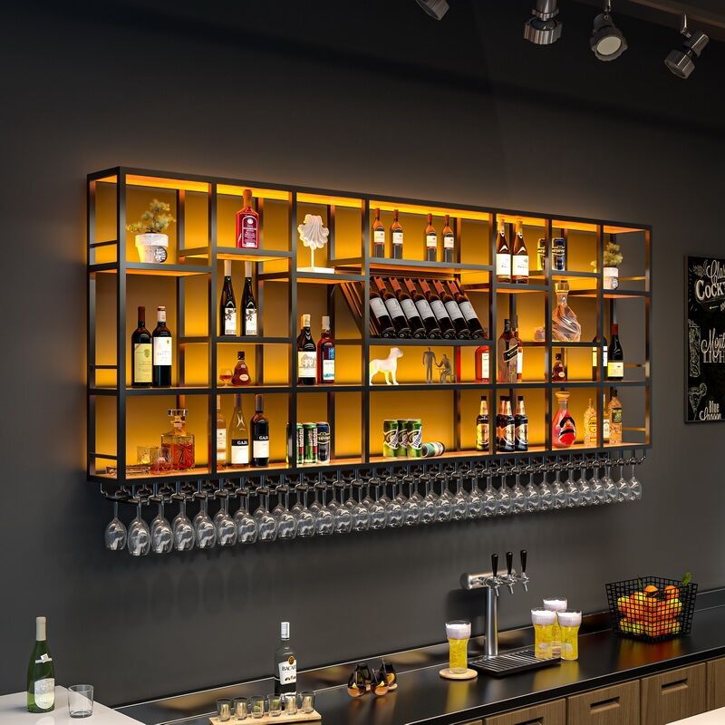 热卖酒吧工业风铁艺酒柜餐厅红酒架吧台酒水展示架挂壁式带灯酒架