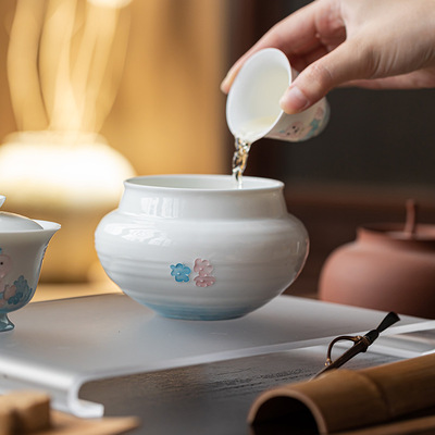 明泉茶斋手绘清新小花纹韵建水茶渣缸陶瓷水盂废水桶杯洗茶道零配