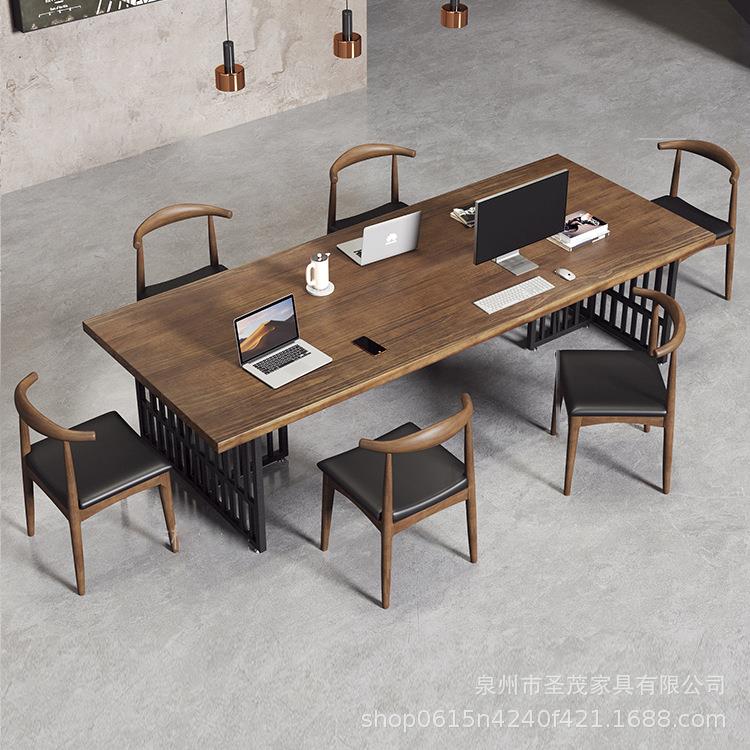 北欧实木长条桌子复古休闲工业风会议桌椅公司电脑办公培训工作桌