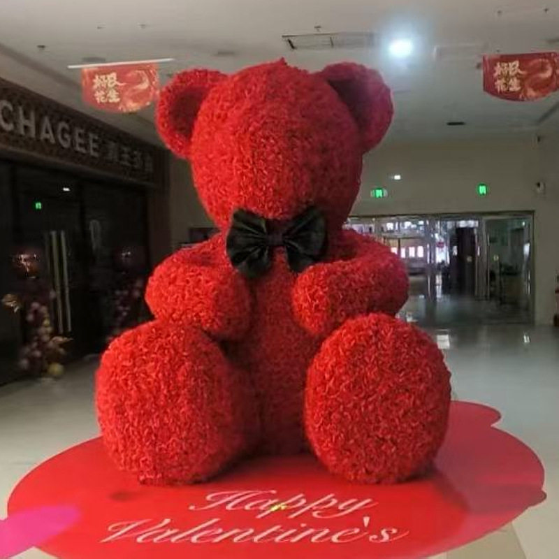 大型玫瑰花熊绢花巨型熊商场酒店美陈商业街网红打卡拍照摆件